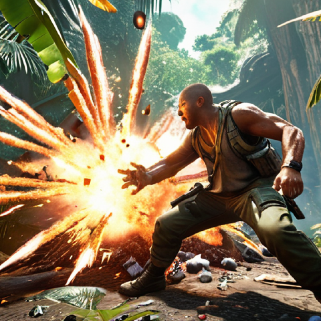 **Aggressive Playstyle:** Action-packed scene of a character with high damage skills bursting down a squishy enemy character in a jungle environment. Explosions and dynamic poses, illustrating quick elimination. Focus on visual impact and high energy.