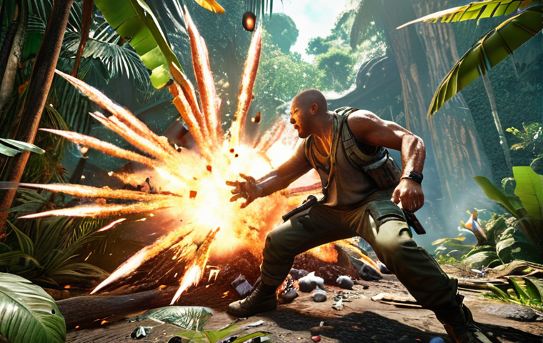 **Aggressive Playstyle:** Action-packed scene of a character with high damage skills bursting down a squishy enemy character in a jungle environment. Explosions and dynamic poses, illustrating quick elimination. Focus on visual impact and high energy.