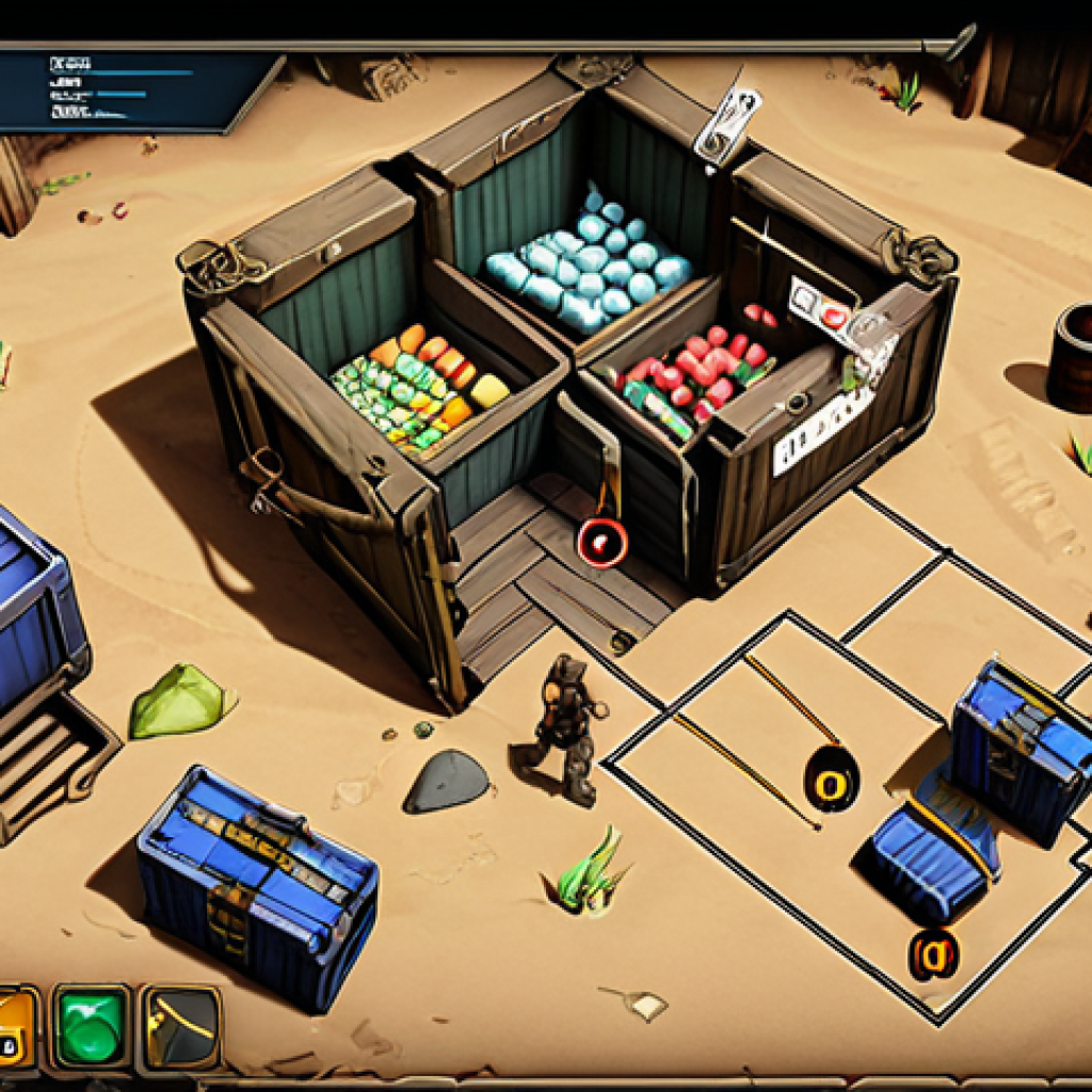 **Prompt:** Top-down view of a *Eternal Return* map area, showing a character looting crates and containers. Indicate ideal looting path with arrows and annotations. Focus on efficient item collection and resource management. Screenshot style, clear UI elements.