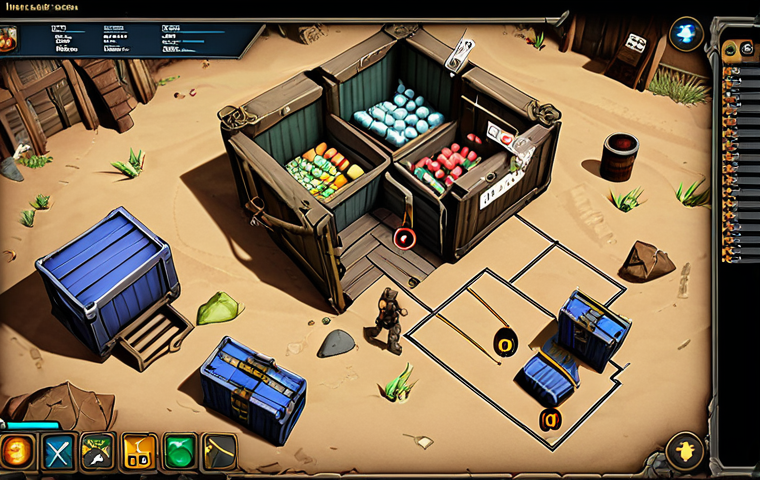**Prompt:** Top-down view of a *Eternal Return* map area, showing a character looting crates and containers. Indicate ideal looting path with arrows and annotations. Focus on efficient item collection and resource management. Screenshot style, clear UI elements.