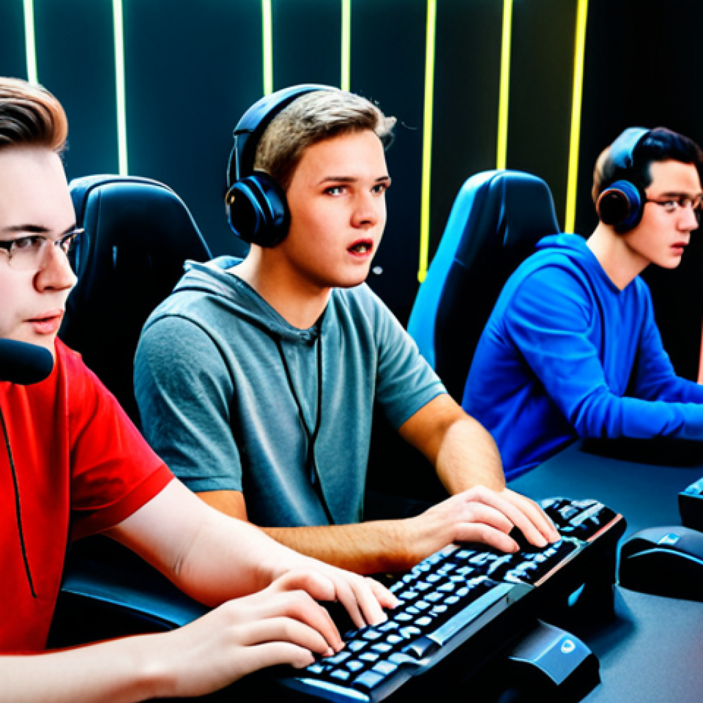 A diverse group of four young adults, fully clothed in comfortable, modest gaming attire, deeply focused while playing a cooperative online game. They are seated at ergonomic gaming desks, headsets on, with one person gesturing emphatically while speaking into their microphone, indicating intense team communication. Their faces show concentration and strategic thinking. The background is a modern, clean gaming room with soft, ambient lighting. The scene captures the essence of synchronized teamwork and effective communication, safe for work, appropriate content, family-friendly, professional photography, high quality, perfect anatomy, correct proportions, natural pose, well-formed hands, proper finger count, natural body proportions.