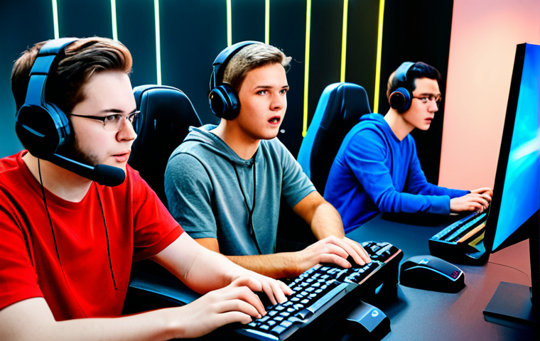 A diverse group of four young adults, fully clothed in comfortable, modest gaming attire, deeply focused while playing a cooperative online game. They are seated at ergonomic gaming desks, headsets on, with one person gesturing emphatically while speaking into their microphone, indicating intense team communication. Their faces show concentration and strategic thinking. The background is a modern, clean gaming room with soft, ambient lighting. The scene captures the essence of synchronized teamwork and effective communication, safe for work, appropriate content, family-friendly, professional photography, high quality, perfect anatomy, correct proportions, natural pose, well-formed hands, proper finger count, natural body proportions.