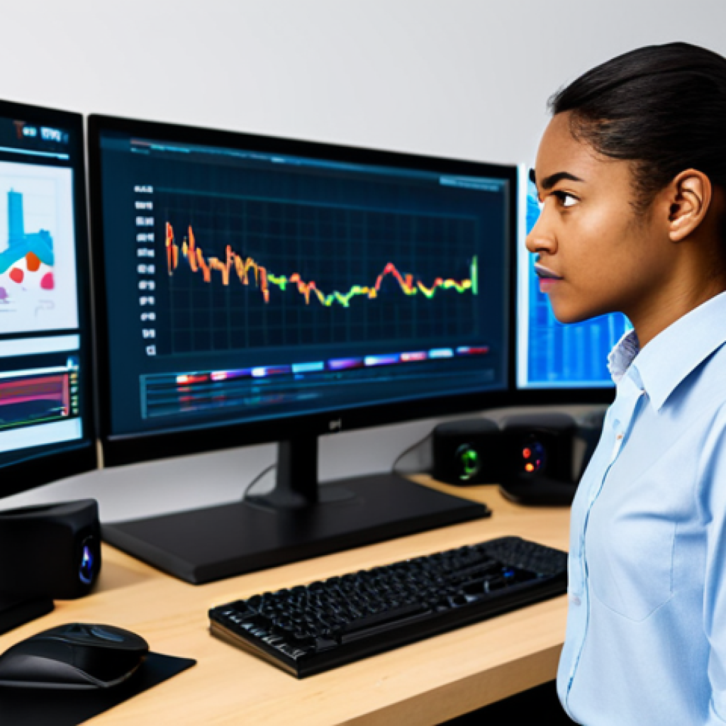 A professional female game developer, of diverse ethnicity, in a modest business casual shirt and trousers, standing in a modern, clean game development office. She is looking intently at multiple large computer screens displaying complex data charts, graphs, and character statistics. One screen subtly shows community forum discussions, indicating feedback integration. The environment is well-lit and organized, with a contemporary design, emphasizing analytical focus and data-driven decision-making. safe for work, appropriate content, fully clothed, professional, modest clothing, appropriate attire, professional dress, perfect anatomy, correct proportions, natural pose, well-formed hands, proper finger count, natural body proportions, high quality, studio lighting.