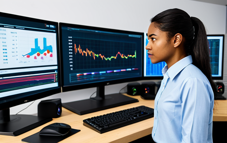 A professional female game developer, of diverse ethnicity, in a modest business casual shirt and trousers, standing in a modern, clean game development office. She is looking intently at multiple large computer screens displaying complex data charts, graphs, and character statistics. One screen subtly shows community forum discussions, indicating feedback integration. The environment is well-lit and organized, with a contemporary design, emphasizing analytical focus and data-driven decision-making. safe for work, appropriate content, fully clothed, professional, modest clothing, appropriate attire, professional dress, perfect anatomy, correct proportions, natural pose, well-formed hands, proper finger count, natural body proportions, high quality, studio lighting.