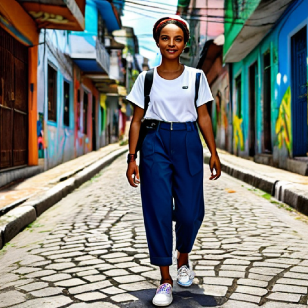 ** "A stylish female character in a modern, fully clothed outfit inspired by Brazilian street fashion, walking through a vibrant Rio de Janeiro favela, featuring colorful graffiti art in the background. She wears modest clothing, appropriate attire, and has perfect anatomy with natural proportions. Safe for work, professional quality, family-friendly." **