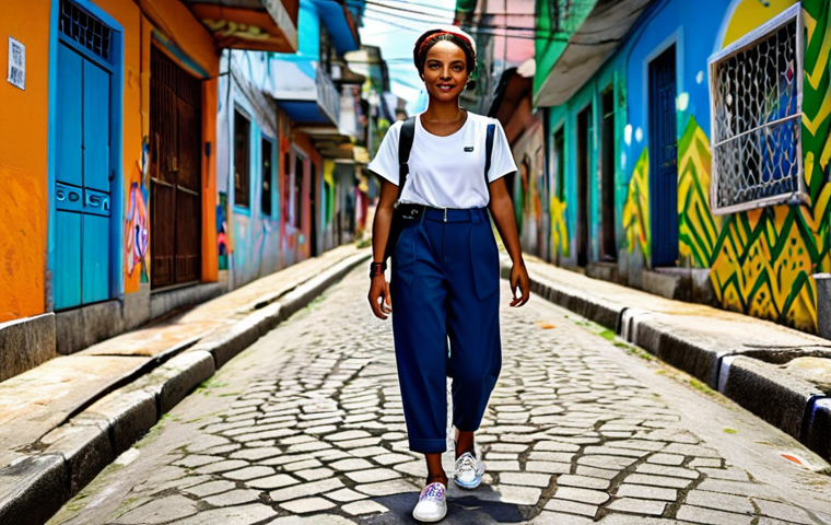 ** "A stylish female character in a modern, fully clothed outfit inspired by Brazilian street fashion, walking through a vibrant Rio de Janeiro favela, featuring colorful graffiti art in the background. She wears modest clothing, appropriate attire, and has perfect anatomy with natural proportions. Safe for work, professional quality, family-friendly." **