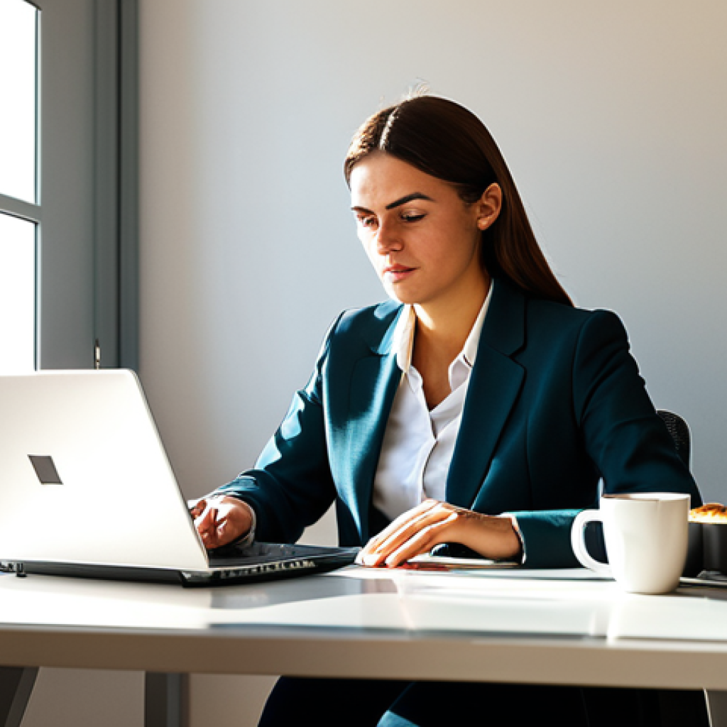 ** A professional businesswoman in a modern Lisbon office, wearing a stylish, modest business suit. Sunlight streams through the window illuminating her focused expression. Desk clutter includes a laptop and a "pastel de nata". Appropriate attire, safe for work, perfect anatomy, high quality, professional photography. **
