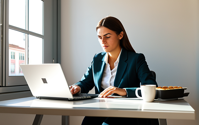 ** A professional businesswoman in a modern Lisbon office, wearing a stylish, modest business suit. Sunlight streams through the window illuminating her focused expression. Desk clutter includes a laptop and a "pastel de nata". Appropriate attire, safe for work, perfect anatomy, high quality, professional photography. **