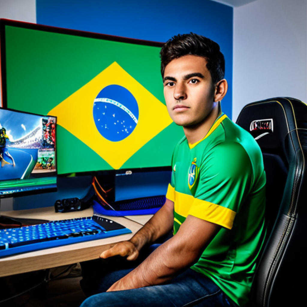 Brazilian Eternal Return Player** "A professional Eternal Return player, fully clothed in a gaming jersey with the Brazilian flag, intensely focused on their computer screen, surrounded by gaming equipment, in a brightly lit gaming room, safe for work, appropriate content, perfect anatomy, natural proportions, professional esports photography, high quality, family-friendly." **