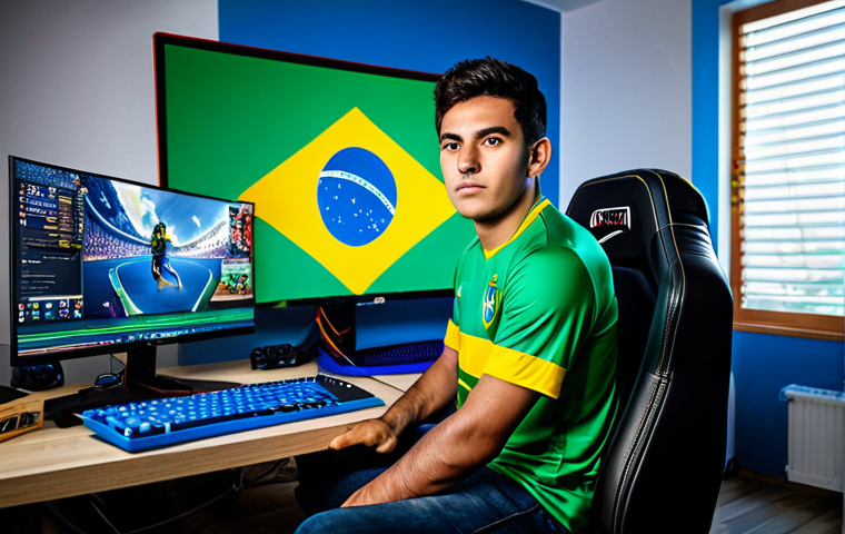 Brazilian Eternal Return Player** "A professional Eternal Return player, fully clothed in a gaming jersey with the Brazilian flag, intensely focused on their computer screen, surrounded by gaming equipment, in a brightly lit gaming room, safe for work, appropriate content, perfect anatomy, natural proportions, professional esports photography, high quality, family-friendly." **