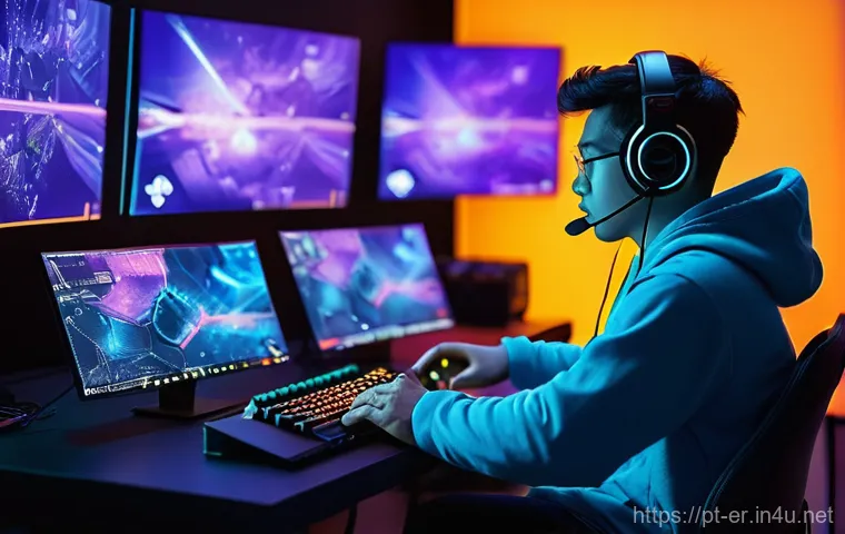 이터널리턴 실시간 데이터 시각화 - **Prompt:** "A focused gamer, late 20s, wearing comfortable, modest everyday clothing, sits in a mod...