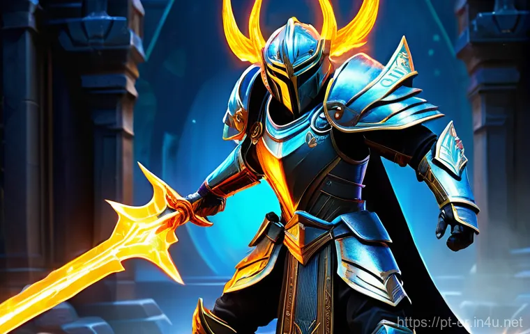 이터널리턴 캐릭터별 추천 장비 - **Dynamic Offensive Power Display** "A formidable warrior character, fully clad in intricate, fu...