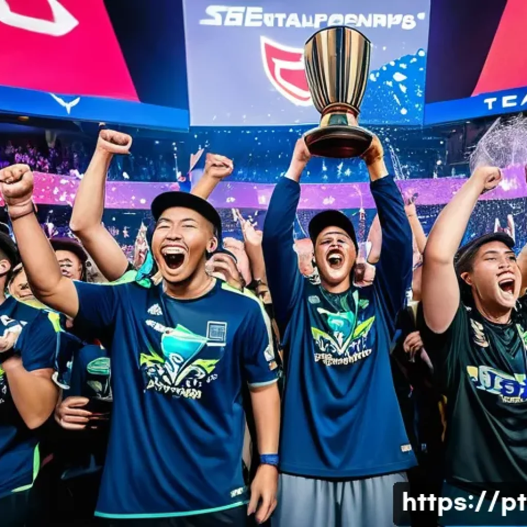 이터널리턴 글로벌 경쟁의 미래 - **Esports Championship Moment:** "A highly dynamic and emotional wide shot of a diverse five-per...