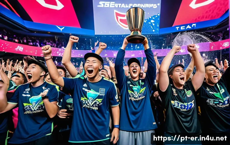 이터널리턴 글로벌 경쟁의 미래 - **Esports Championship Moment:** "A highly dynamic and emotional wide shot of a diverse five-per...