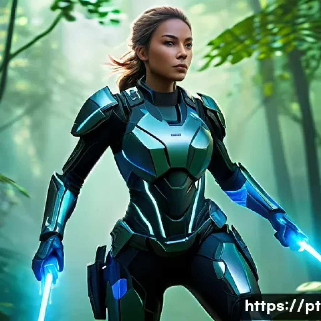 이터널리턴 플레이 타임 단축법 - A dynamic scene of a skilled female character in a futuristic battle arena inspired by Eternal Retur...