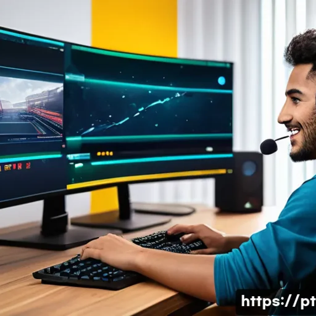 이터널리턴 게임 외적 수익 창출 - A dynamic streaming setup scene showing a young Brazilian gamer in casual clothing with headphones a...
