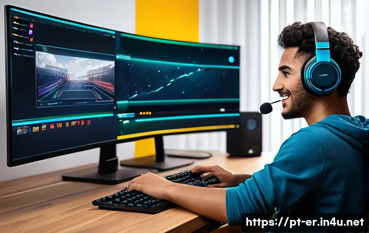 이터널리턴 게임 외적 수익 창출 - A dynamic streaming setup scene showing a young Brazilian gamer in casual clothing with headphones a...