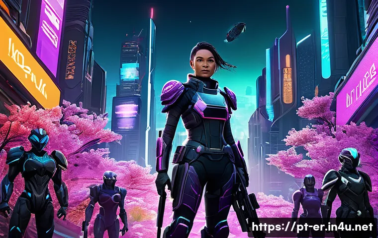 이터널리턴 스킨 전용 이벤트 - A dynamic gaming scene showcasing a diverse group of players in a vibrant, futuristic battlefield in...