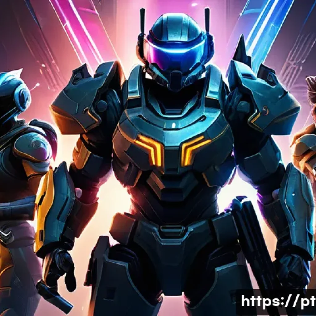 이터널리턴 비공식 패치 리뷰 - A dynamic esports scene featuring diverse competitive characters in a futuristic arena, each with di...