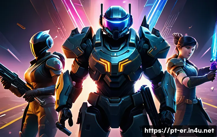 이터널리턴 비공식 패치 리뷰 - A dynamic esports scene featuring diverse competitive characters in a futuristic arena, each with di...