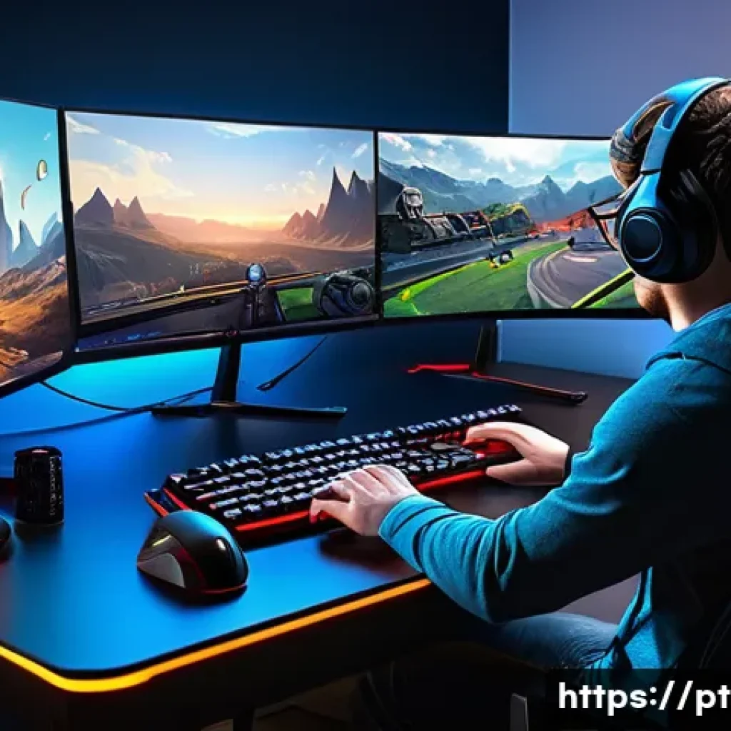 이터널리턴 베타 테스트 참가법 - A detailed digital illustration of a competitive gamer&rsquo;s desktop setup preparing for the Eternal Ret...