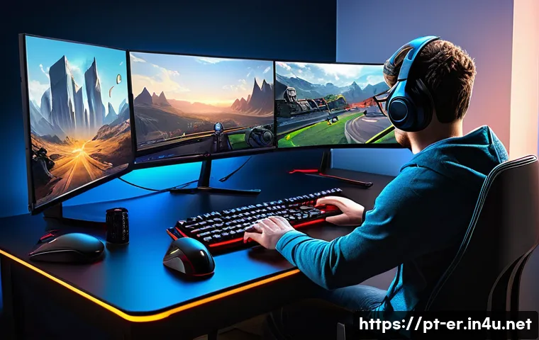 이터널리턴 베타 테스트 참가법 - A detailed digital illustration of a competitive gamer’s desktop setup preparing for the Eternal Ret...