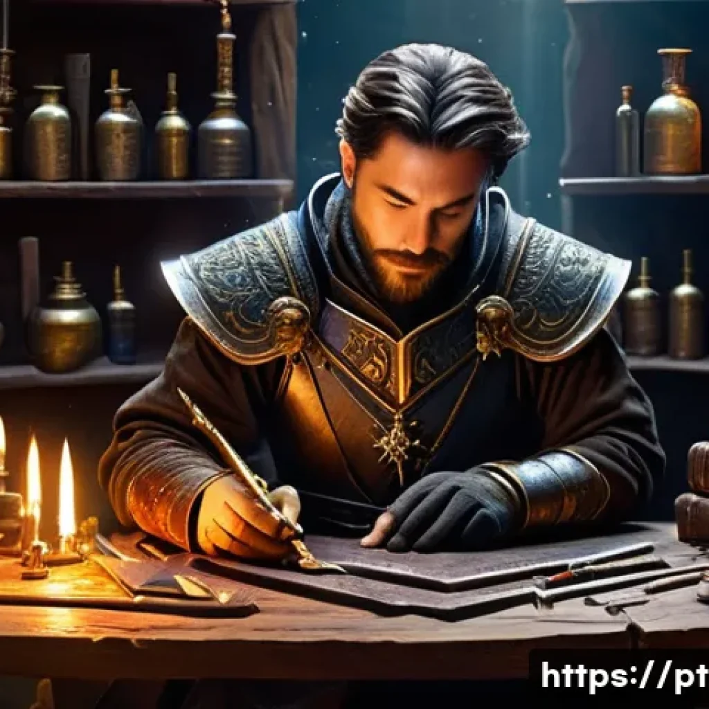 이터널리턴 아이템 강화 실패 확률 - A detailed fantasy-themed workshop scene where an experienced craftsman carefully upgrades a glowing...