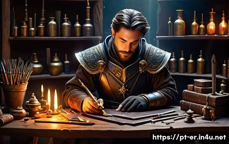 이터널리턴 아이템 강화 실패 확률 - A detailed fantasy-themed workshop scene where an experienced craftsman carefully upgrades a glowing...