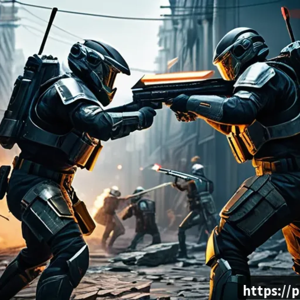 이터널리턴 최신 업데이트의 특징 - A dynamic battle scene set in a futuristic urban environment featuring two characters engaged in clo...