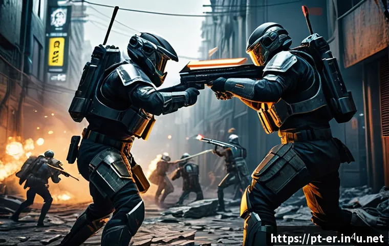 이터널리턴 최신 업데이트의 특징 - A dynamic battle scene set in a futuristic urban environment featuring two characters engaged in clo...