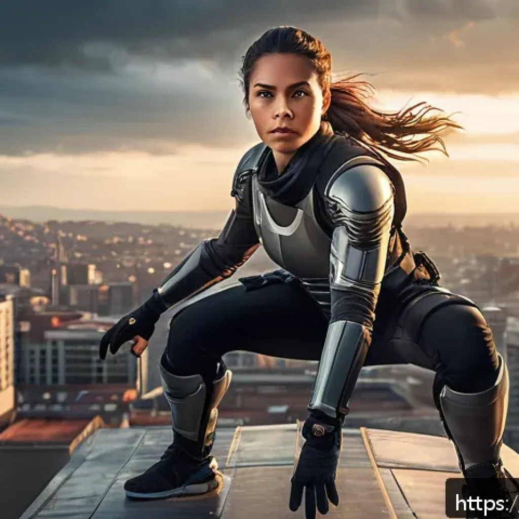 이터널리턴 클래스별 주요 특징 - A dynamic and agile female warrior in sleek, futuristic armor, performing a swift parkour leap acros...