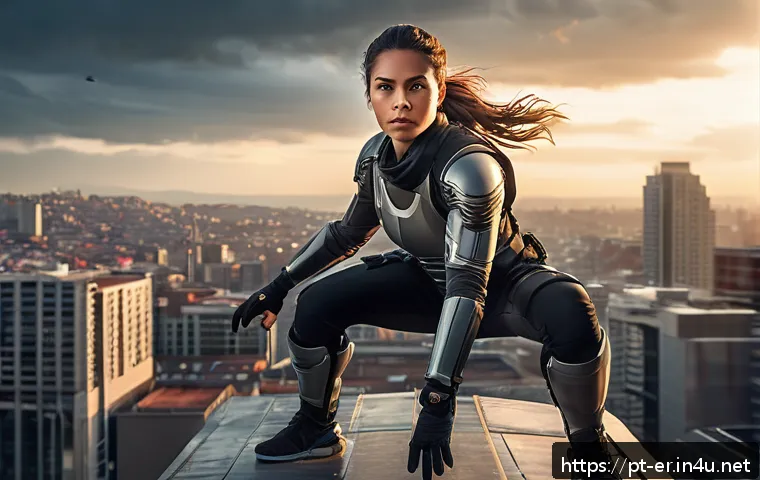 이터널리턴 클래스별 주요 특징 - A dynamic and agile female warrior in sleek, futuristic armor, performing a swift parkour leap acros...
