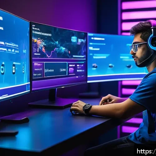 Home 33 이터널리턴 데이터 추출 도구 - A competitive esports player analyzing complex game statistics on a futuristic transparent digital s...