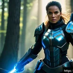 Home 20 이터널리턴 신규 업데이트 예고 - A dynamic battle scene featuring a tactical female warrior wearing sleek, futuristic armor with glow...