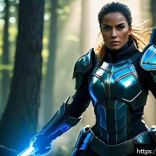 Home 32 이터널리턴 신규 업데이트 예고 - A dynamic battle scene featuring a tactical female warrior wearing sleek, futuristic armor with glow...