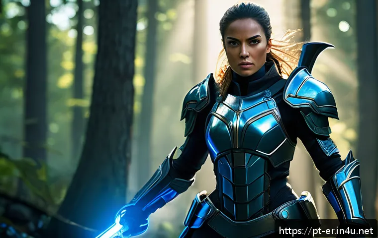 이터널리턴 신규 업데이트 예고 - A dynamic battle scene featuring a tactical female warrior wearing sleek, futuristic armor with glow...