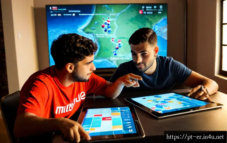 이터널리턴 팀워크 전략 비교 - Photorealistic esports teamwork strategy scene in a modern Lisbon gaming lounge, four diverse adult ...