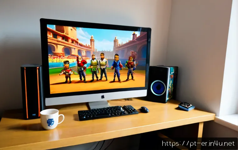이터널리턴 캐릭터 출시 순서 - Photorealistic gaming desk in a modern Lisbon apartment, a widescreen monitor showing an unbranded c...