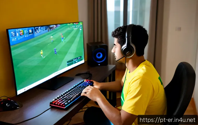 이터널리턴 연습 모드 최적화 - Photorealistic Brazilian home gaming setup optimized for practice sessions, focused young adult play...